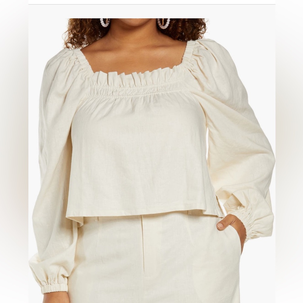 Nordstrom Open Edit Linen blend babydoll crop blouse